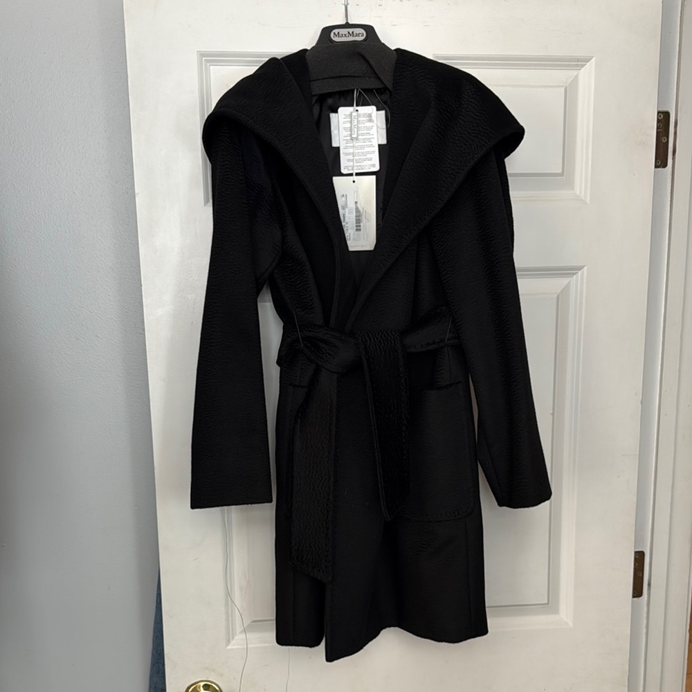 Max Mara Camel Black Hooded Belted Coat
